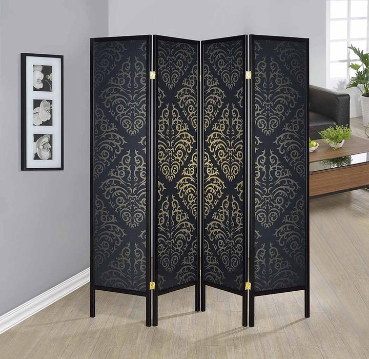 Haidera 4-panel Damask Pattern Folding Screen Black - All Brands Furniture (NJ)