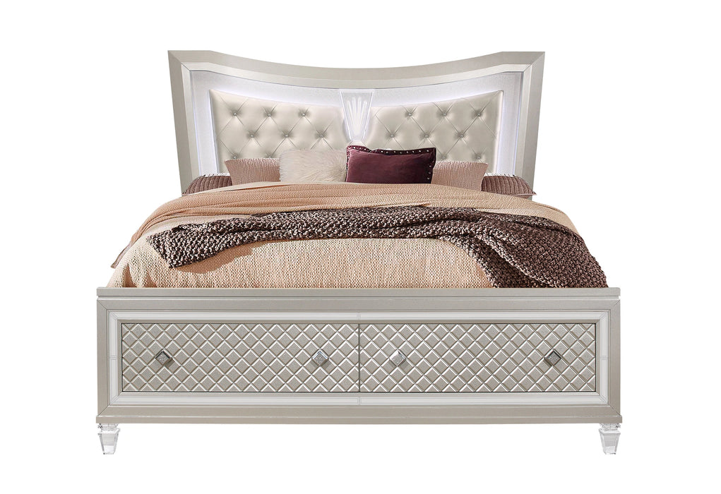 Paris Champagne Bed with LED, Dresser, Mirror, Nightstand