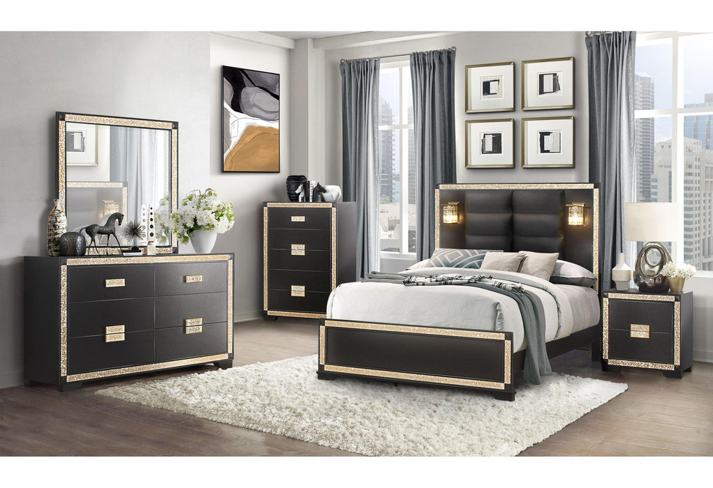 BLAKE BLACK/GOLD KING BED WITH LAMPS, DRESSER, MIRROR, 2 NIGHTSTAND BLAKE BLACK/GOLD KING BED WITH LAMPS, DRESSER, MIRROR, 2 NIGHTSTAND