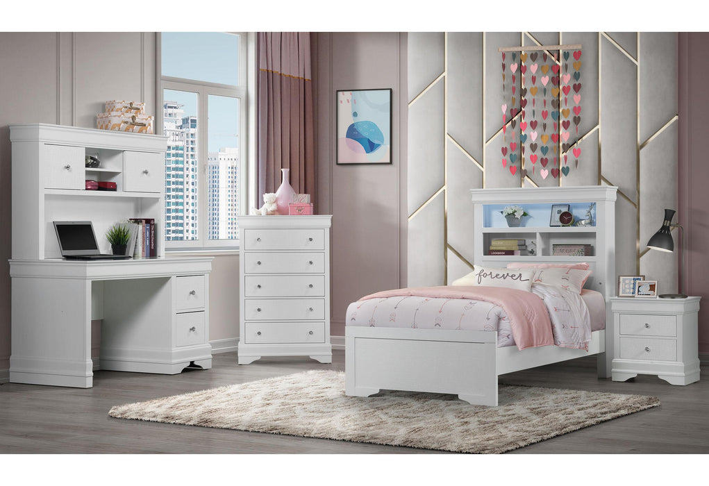 POMPEI METALLIC WHITE BOOKCASE TWIN BED WITH DESK AND HUTCH, NIGHTSTAND AND CHEST - All Brands Furniture (NJ)