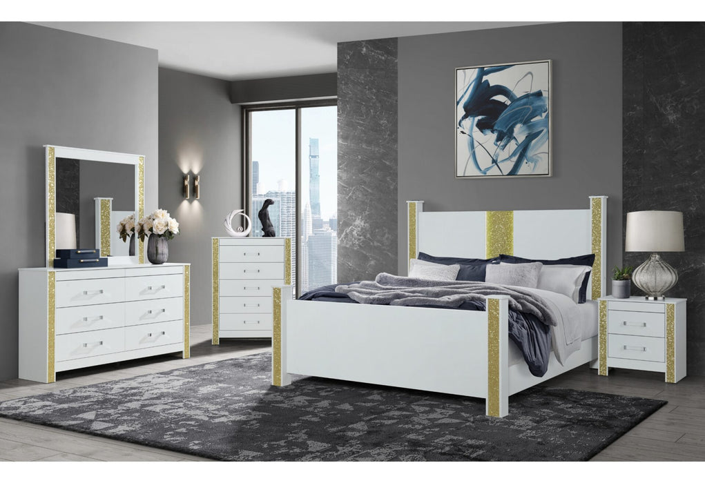 Logan White-Gold Queen Bed-Dresser-Mirror And Nightstand - All Brands Furniture (NJ)