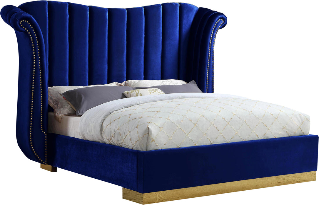 Flora Navy Velvet King Bed (3 Boxes) - All Brands Furniture (NJ)
