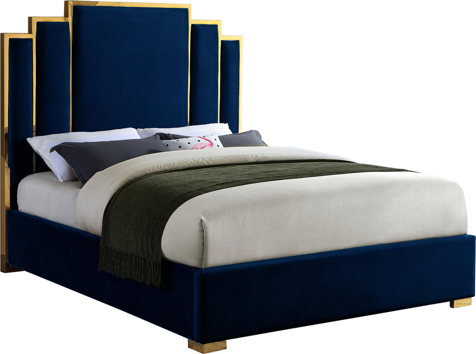 Hugo Navy Velvet Queen Bed - All Brands Furniture (NJ)