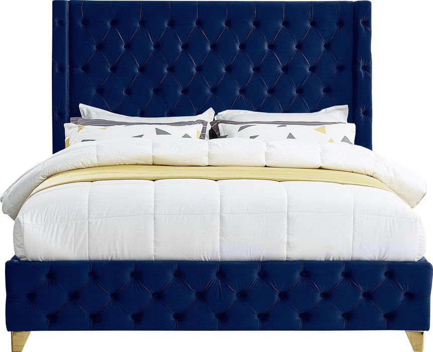 Savan Navy Velvet Queen Bed - All Brands Furniture (NJ)