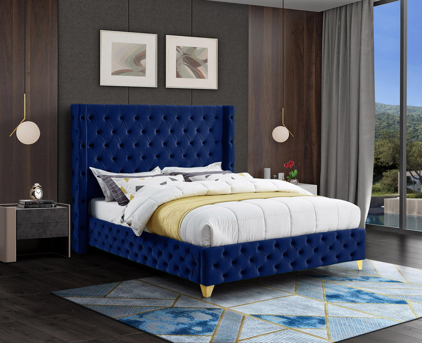 Savan Navy Velvet Queen Bed - All Brands Furniture (NJ)