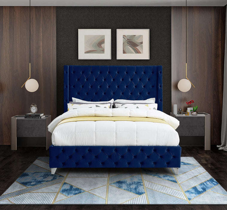 Savan Navy Velvet Queen Bed - All Brands Furniture (NJ)