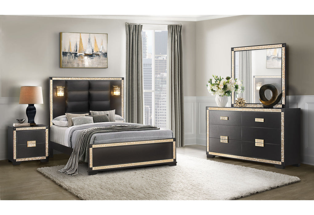 black gold dresser Blake BLACK/GOLD King BED WITH LAMPS, DRESSER, MIRROR, 2 NIGHTSTAND
